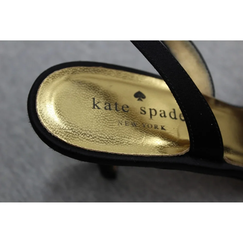 Kate Spade Heels Womens 6.5 Black Satin Peep Toe Bow Slingback Kitten Heel Italy